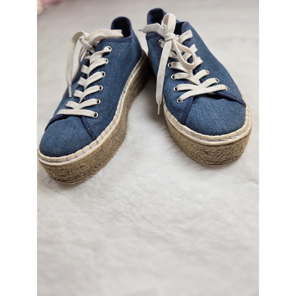 Blue Denim Espadrille Platform Sneakers Womens Size 7 Lace Up Jute Shoes